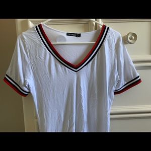 White v-neck w/ black and red stripes